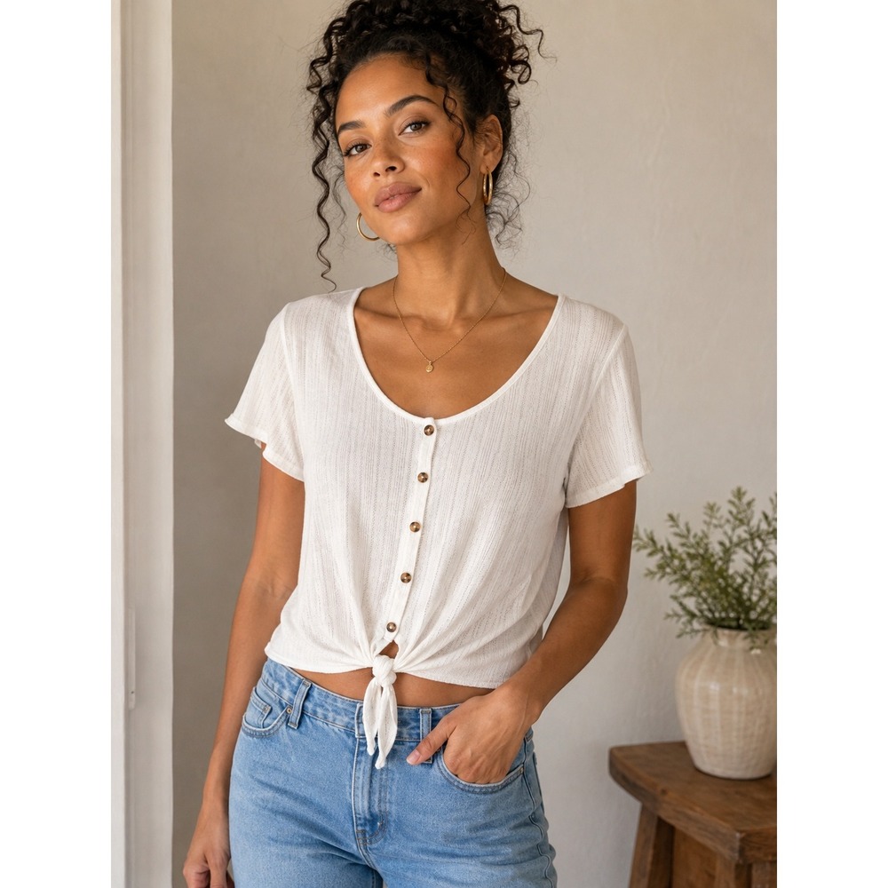 American Eagle Top Womens XL White Pointelle Knit Tie Front Button Crop
